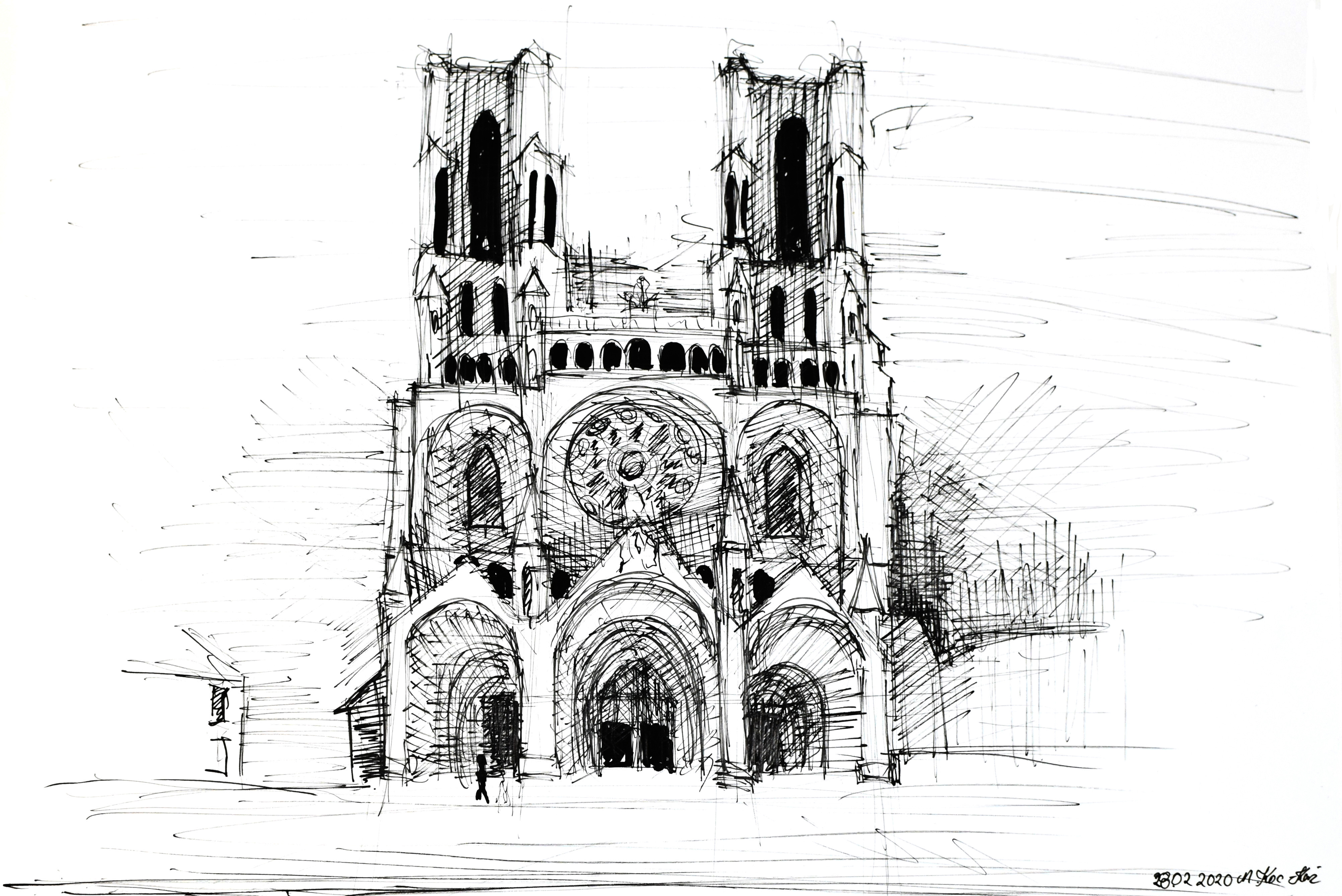 Szkic - rysunek tuszem gotyckiej katedry w Laon we Francji