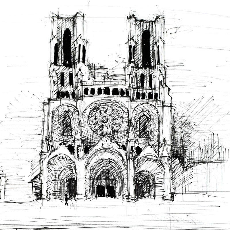 Szkic - rysunek tuszem gotyckiej katedry w Laon we Francji