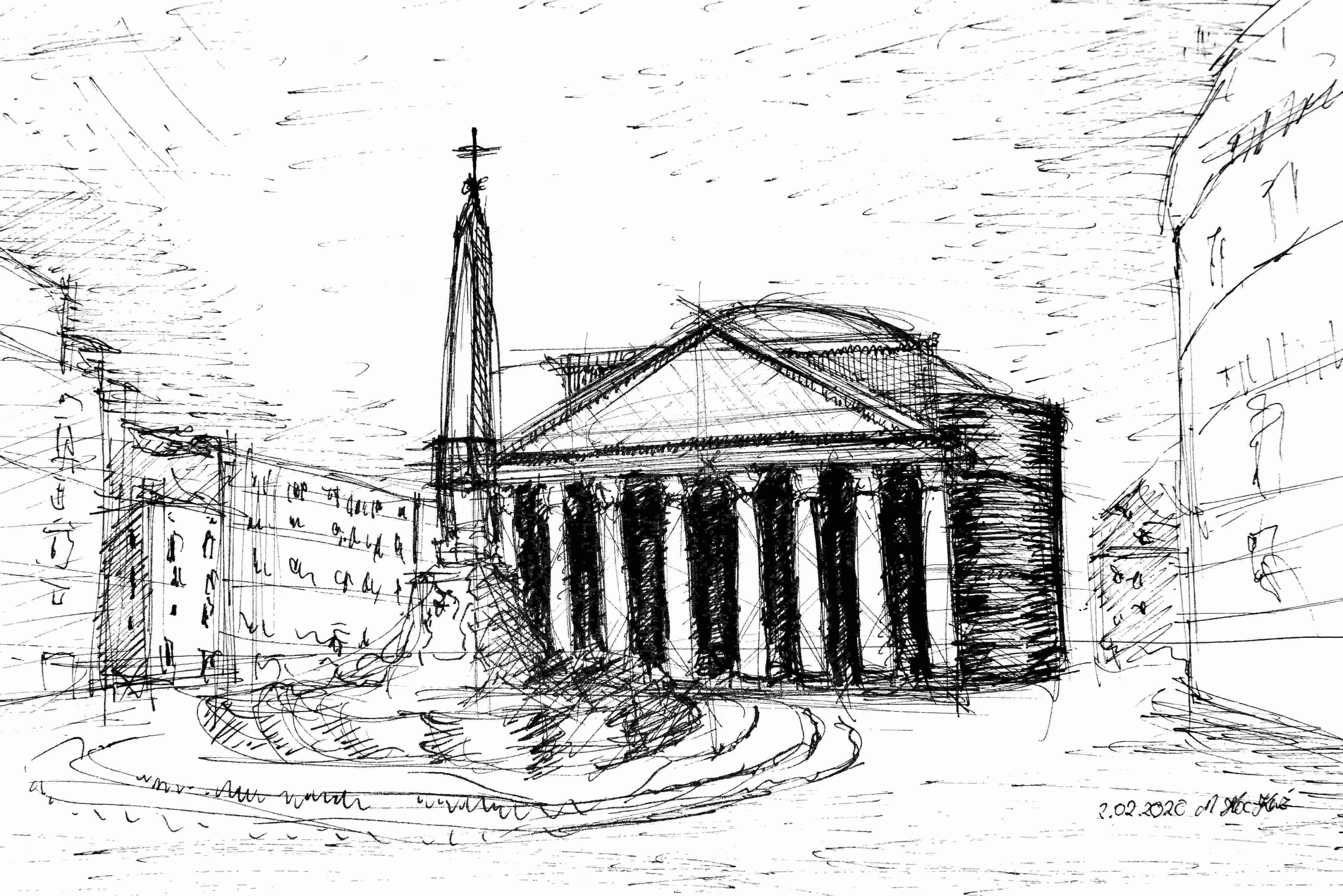 Fasada Panteonu - rysunek. Panteon został wybudowany w Starożytnym Rzymie w latach 118- 128 jako świątynia wszystkich bogów. Jego bryła składa się z tradycyjnie zaprojektowanego portyku z potrójną kolumnadą oraz rotundy. Tutaj kluczowe było wnętrze- szczególnie wnętrze rotundy. Kopuła, która ją przykrywa posiada średnicę 43,2 m (dla porównania kopułą bazyliki św Piotra ma średnicę 46 m) a oculus (czyli otwór na środku) 8,5 m. Jest to budynek absolutnie przełomowy pod względem konstrukcji a także formy. Do jego budowy został użyty beton, który ułożony warstwowo (od najcięższego do najlżejszego) tworzy tak niesamowite możliwości konstrukcyjne (trawertyn, tuf, cegła, lekki pumeks wulkaniczny).