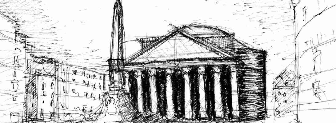 Fasada Panteonu - rysunek. Panteon został wybudowany w Starożytnym Rzymie w latach 118- 128 jako świątynia wszystkich bogów. Jego bryła składa się z tradycyjnie zaprojektowanego portyku z potrójną kolumnadą oraz rotundy. Tutaj kluczowe było wnętrze- szczególnie wnętrze rotundy. Kopuła, która ją przykrywa posiada średnicę 43,2 m (dla porównania kopułą bazyliki św Piotra ma średnicę 46 m) a oculus (czyli otwór na środku) 8,5 m. Jest to budynek absolutnie przełomowy pod względem konstrukcji a także formy. Do jego budowy został użyty beton, który ułożony warstwowo (od najcięższego do najlżejszego) tworzy tak niesamowite możliwości konstrukcyjne (trawertyn, tuf, cegła, lekki pumeks wulkaniczny).