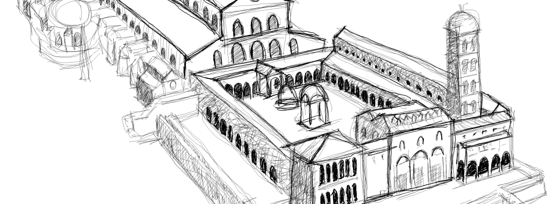 Rysunek. Przykładem wczesnochrześcijańskiej bazyliki jest nieistniejąca już bazylika św. Piotra w Rzymie. Jej budowa rozpoczęła się ok. 324 r. w miejscu, gdzie znajduje się obecny kościół pod tym samym wezwaniem. Została wzniesiona jako memori nad grobem świętego Piotra. Było to więc martyrium będące celem licznych pielgrzymek. Dlatego właśnie między nawą główną a absydą zlokalizowano bardzo szeroki transept (miejsce po którym mogliby krążyć wierni aby oddać cześć memori świętego, które usytuowane było pod baldachimem wspartym na spiralnie skręconych kolumnach). Była to bazylika 5 nawowa. Ściany nawy głównej wsparte były na architrawach. Przed bazyliką znajdowało się atrium, na środku którego zlokalizowana była fontanna w kształcie szyszki służąca do rytualnego obmywania. Budynek został rozebrany w 1506 roku.