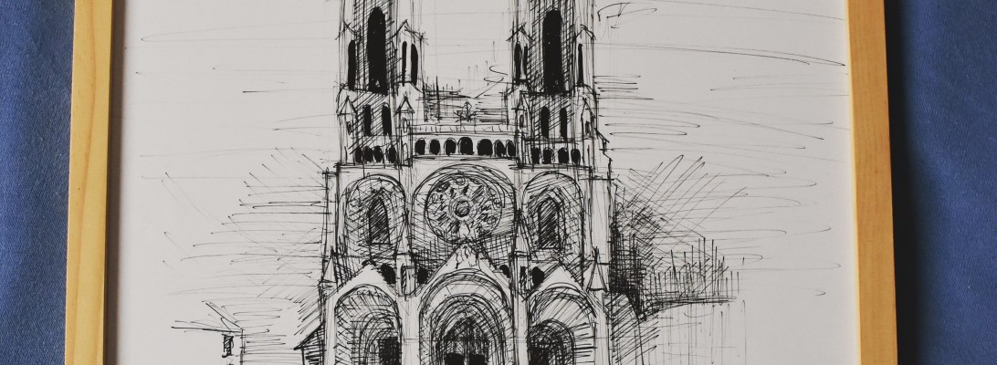 Szkic - rysunek tuszem gotyckiej katedry w Laon we Francji. Na WOŚP