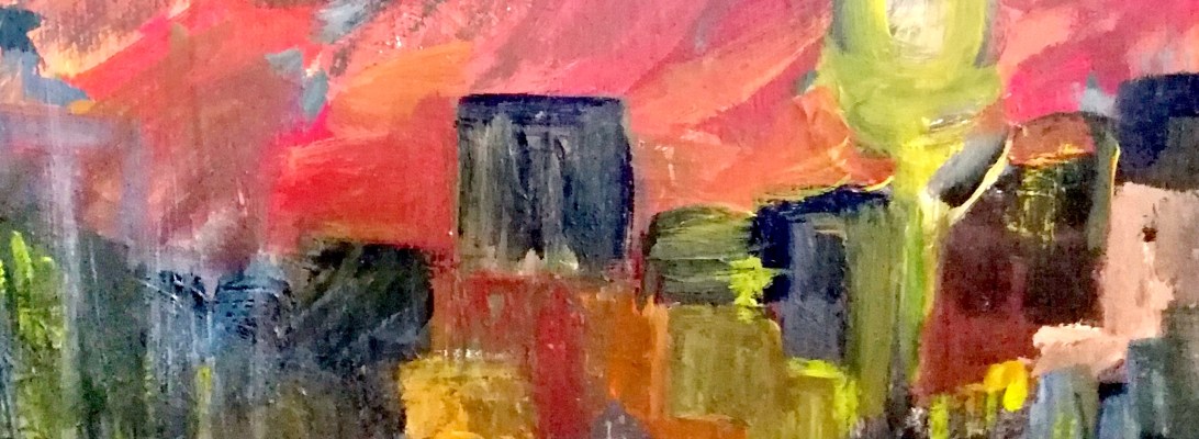 Surrealistyczne miasto. Obraz wykonany farbami akrowymi. Inspirowany naturalną roślinnością wprowadzoną do miasta. Zachód słońca.