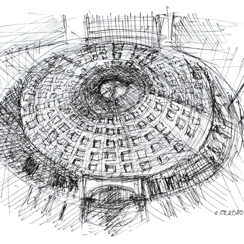 Kopuła Panteonu. Panteon został wybudowany w Starożytnym Rzymie w latach 118- 128 jako świątynia wszystkich bogów. Jego bryła składa się z tradycyjnie zaprojektowanego portyku z potrójną kolumnadą oraz rotundy. Tutaj kluczowe było wnętrze- szczególnie wnętrze rotundy. Kopuła, która ją przykrywa posiada średnicę 43,2 m (dla porównania kopułą bazyliki św Piotra ma średnicę 46 m) a oculus (czyli otwór na środku) 8,5 m. Jest to budynek absolutnie przełomowy pod względem konstrukcji a także formy. Do jego budowy został użyty beton, który ułożony warstwowo (od najcięższego do najlżejszego) tworzy tak niesamowite możliwości konstrukcyjne (trawertyn, tuf, cegła, lekki pumeks wulkaniczny).
