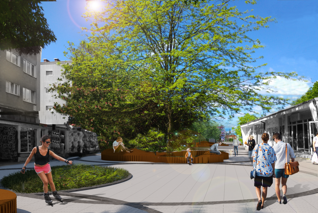 Deptak os. Górnicze w Turku. Koncepcja ciągu pieszo-handlowego. Wizualizacja