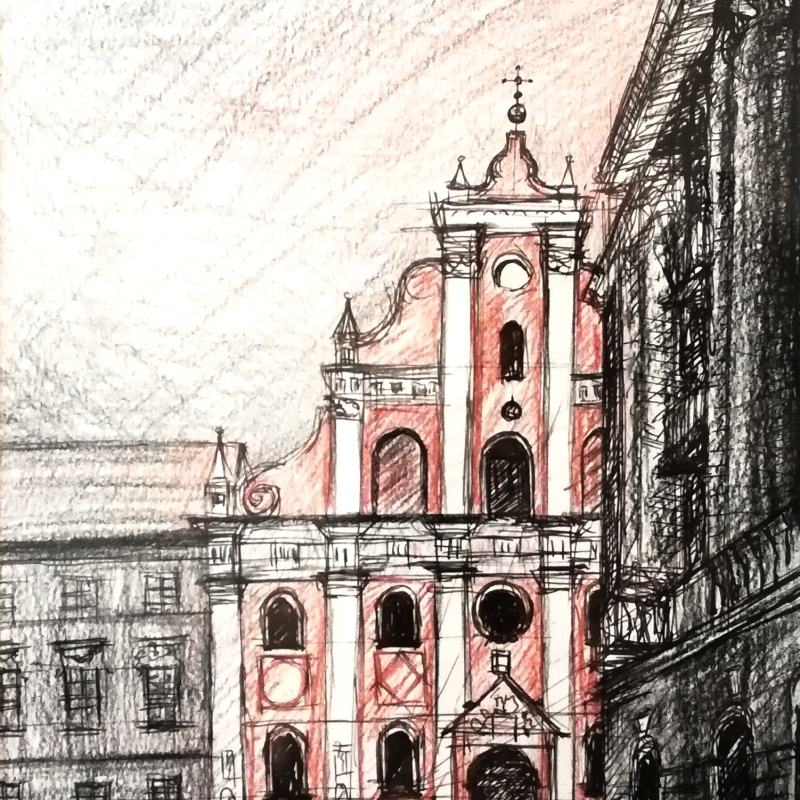 Rysunek węglem, tuszem i pastelą. Kościół garnizonowy w Kaliszu pw. św. Stanisława i Wojciecha