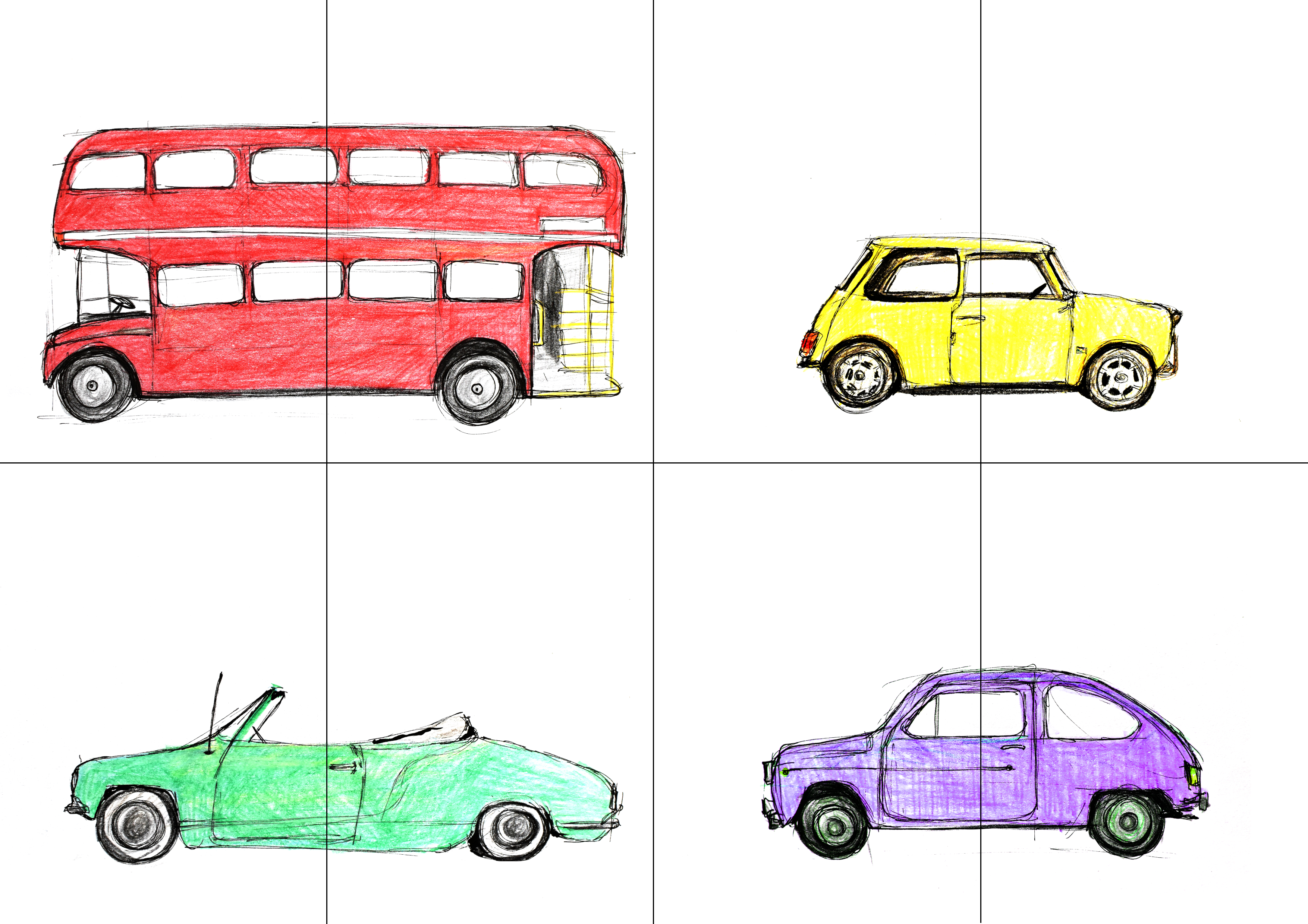 Dwuczęściowa układanka: samochody. Do pobrania za darmo. Zagadka dla 2latka